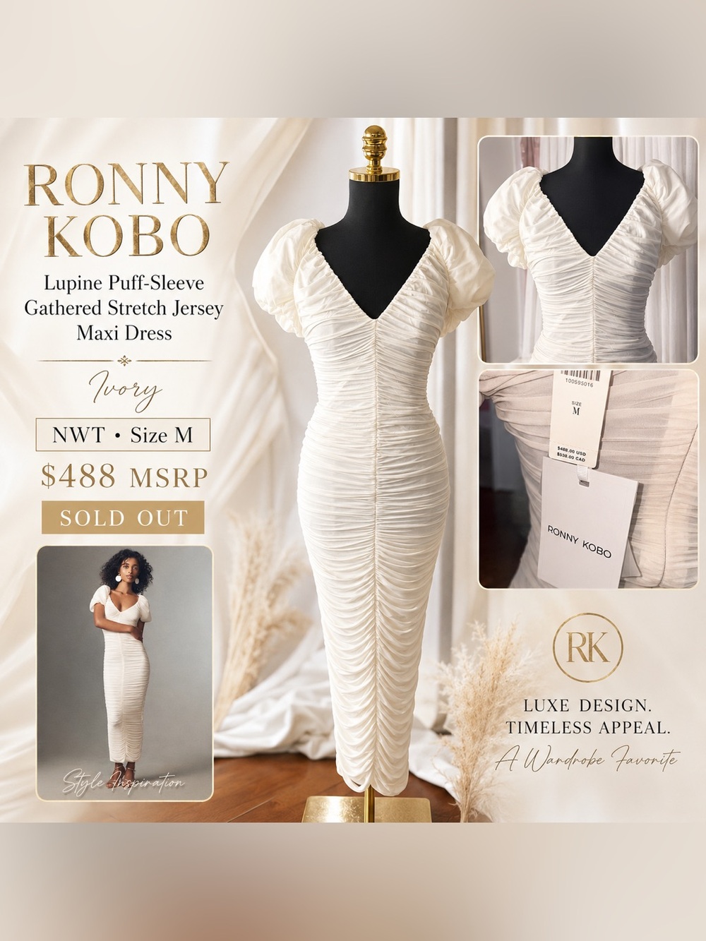 NWT Ronny Kobo Lupine Puff Sleeve Ruched Ivory Maxi Dress M $488
